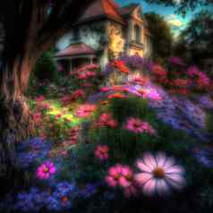 魔法花园阳光美丽的花美自然美丽的花园现实的风格