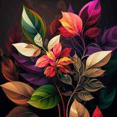 原始花设计异国情调的花热带叶子色彩斑斓的花黑暗背景