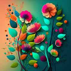 原始花设计异国情调的花热带叶子色彩斑斓的花绿色橙色背景