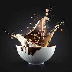 牛奶巧克力奶昔咖啡可可飞溅热巧克力牛奶漩涡倒溅碗