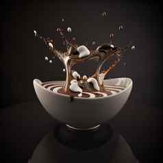 牛奶巧克力奶昔咖啡可可飞溅热巧克力牛奶漩涡倒溅碗