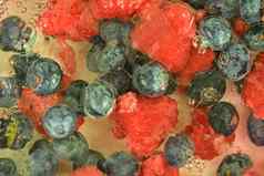 蓝莓树莓液体泡沫色彩鲜艳的成熟的越桔树莓水特写镜头新鲜的浆果水背景前视图平设计