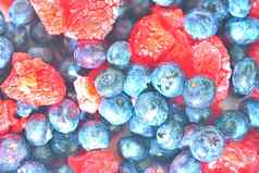 冻新鲜的蓝莓树莓特写镜头特写镜头视图越桔树莓纹理冻浆果平设计前视图水平图像
