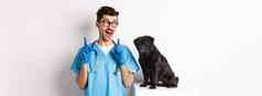 快乐的英俊的veteriantian实习医生风云盯着快乐可爱的狗哈巴狗微笑指出手指促销提供白色背景