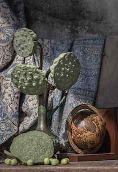 新鲜的绿色莲花种子豆荚古董雕刻铁壶花瓶木全球木椅子