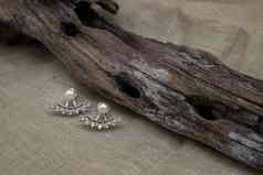 银珠宝设置银珠宝时尚摄影银耳环白色珍珠钻石时尚摄影耳环提出了木材