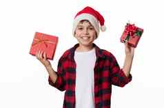 可爱的男孩圣诞老人他期待圣诞节假期兴奋礼物孤立的白色背景复制空间