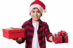 英俊的孩子男孩圣诞老人他微笑快乐的露出牙齿的微笑将圣诞节一年礼物相机