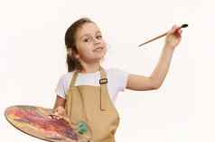 有才华的女孩画家画笔调色板色彩斑斓的油漆白色背景孩子们艺术发展