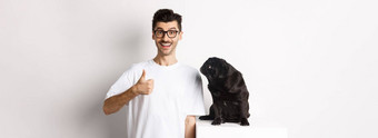 快乐的英俊的的家伙站可爱的黑色的哈巴狗显示翘拇指宠物老板批准推荐产品狗白色背景