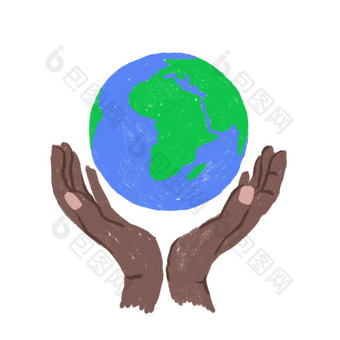 手画插图地球一天全球地球<strong>生态</strong>保护黑色的非洲美国手持有蓝色的绿色球<strong>海洋</strong>土地<strong>生态</strong>环境概念污染图标象征