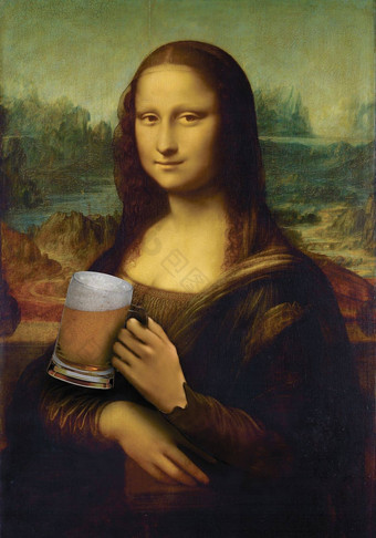 艺术工作拼贴画蒙纳丽莎giaconda持有玻璃啤酒