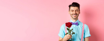 情人节一天浪漫概念浪漫的男人。红色的玫瑰日期情人站花俏的蝴蝶结粉红色的背景