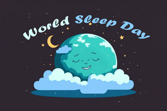 <strong>世界睡眠</strong>一天明信片横幅插图可爱的地球地球睡觉国际假期