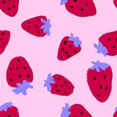 手画无缝的模式草莓草莓时尚的红色的粉红色的水果织物打印明亮的充满活力的现代夏天食物设计漆黑的纹理厨房背景