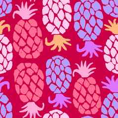 手画无缝的模式菠萝时尚的红色的粉红色的蓝色的水果织物打印明亮的充满活力的现代夏天食物设计漆黑的纹理厨房背景
