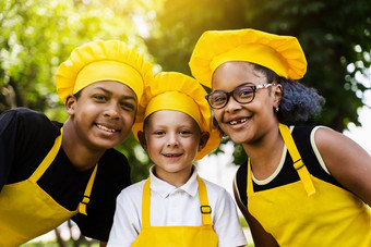 多民族的公司孩子们厨师黄色的制服微笑户外非洲少年黑色的女孩有趣的高加索人孩子男孩烹饪食物孩子们肖像