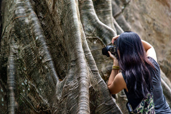 年轻的女人肩膀袋相机<strong>照片</strong>巨大的<strong>大树</strong>大小比较人类巨大的<strong>大树</strong>禁止萨南乌泰他尼府省泰国