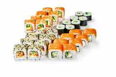 集日本寿司卷大马哈鱼鳗鱼陪客蔬菜白色