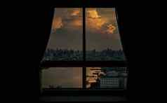 美丽的城市河视图晚上玻璃窗户卧室曼谷
