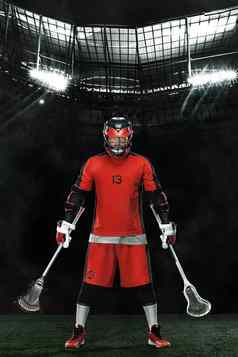 长曲棍球球员运动员运动员红色的头盔大竞技场背景体育运动动机壁纸