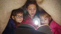 孩子们女孩孩子们毯子阅读有趣的童话故事书手电筒首页