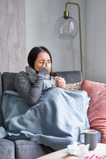 女人<strong>温度</strong>咳嗽<strong>显示</strong>症状流感流感冷坐着温暖的衣服沙发覆盖毯子打喷嚏住首页生活房间