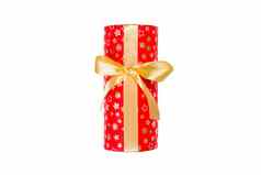 圣诞节假期手工制作的现在红色的纸黄金丝带孤立的白色背景前视图感恩节礼物盒子概念