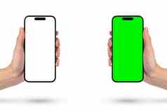 电话手白色背景女人的手持有现代电话手白色背景空白白色屏幕智能手机孤立的绿色背景绿色屏幕