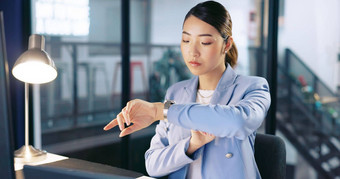 晚上看晚些时候业务亚洲女人工作加班的最后期限办公室电脑目标报告女员工工作桌面工作场所