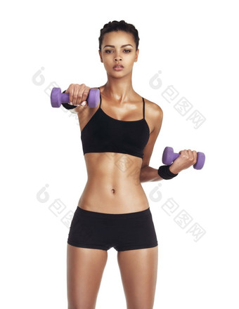 哑铃健身肖像工作室女人培训锻炼目标重量损失饮食健身强大的身体健康健康手臂锻炼运动员女孩有氧运动孤立的白色背景