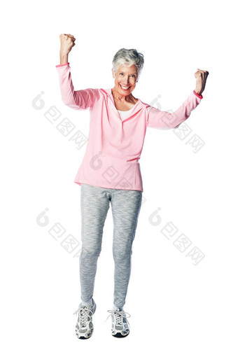 高级女人健身庆祝<strong>活动</strong>赢家肖像<strong>手表</strong>情符号健康工作室健康强大的女孤立的白色背景锻炼能源健康的生活方式