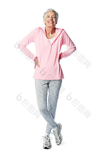 快乐高级女人健身健康肖像工作室健康的退休生活方式身体上了年纪的女孤立的白色背景锻炼健康能源动机