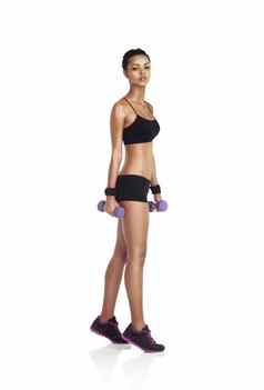 健身哑铃肖像黑色的女人运动员健康的生活方式锻炼白色背景孤立的健康生活方式女人身体有氧运动体育锻炼培训
