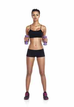 健康工作室肖像女人哑铃锻炼健身目标重量损失饮食健身强大的身体健康手臂锻炼培训运动员女孩孤立的白色背景
