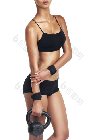 强大的身体工作室黑色的女人壶铃锻炼<strong>健身</strong>目标重量损失饮食<strong>健身</strong>健康健康手臂锻炼培训运<strong>动</strong>员模<strong>型</strong>孤立的白色背景