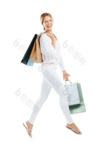 女人快乐客户购物袋时尚零售购物客户空气孤立的白色背景微笑肖像设计师品<strong>牌</strong>衣服纸袋礼物<strong>折扣</strong>出售