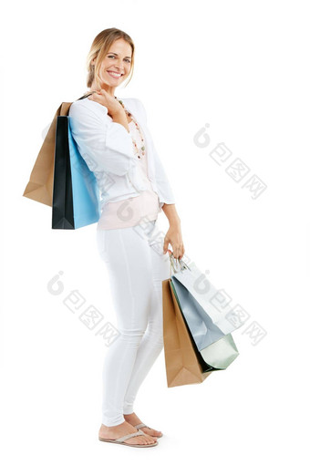 女人微笑购物袋时尚零售购物客户孤立的白色背景快乐女肖像奢侈品设计师品<strong>牌</strong>衣服袋<strong>折扣</strong>出售