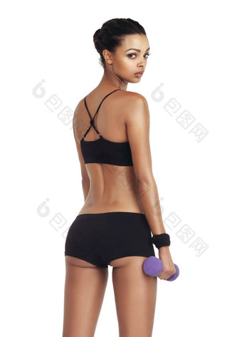工作室肖像回来女人哑铃锻炼健身目标重量损失饮食健身强大的身体健康手臂锻炼培训运动员女孩孤立的白色背景
