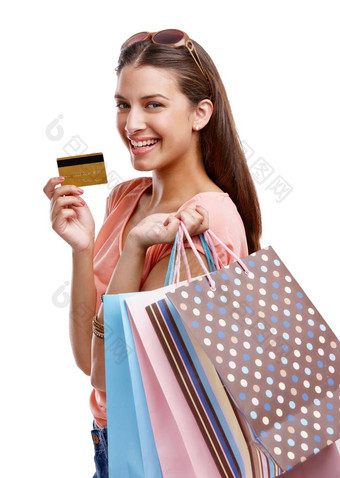 快乐女人购物信贷卡肖像白色背景孤立的工作室产品销售丰富的客户模型购物金融电子商务市场零售折扣促销活动