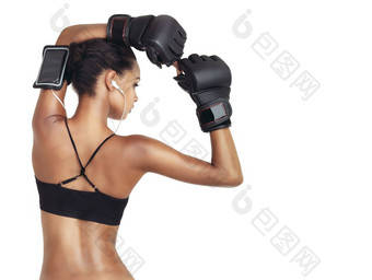 体育音乐工作室拳击手黑色的女人准备好了锻炼健身肌肉挑战竞争模型健康拳击锻炼回来培训女孩孤立的模拟白色背景