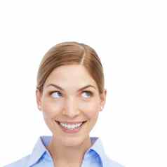 业务快乐脸女人思考的想法工作室白色背景愿景微笑规划决定女模型工人心态灵感广告常见问题解答解决方案