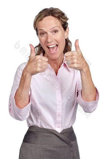业务女人成功肖像拇指职业生涯胜利兴奋微笑成就快乐赢家企业工人批准手势孤立的白色背景