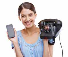 女人移动电话复古的电话沟通技术联系孤立的白色背景肖像微笑市场营销现代古董科技升级电话手