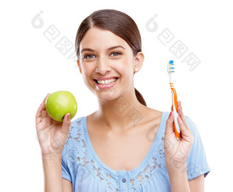 牙科健康苹果女人牙刷营养医疗清洁水果饮食健康孤立的脸女孩口服卫生牙齿食物白色背景