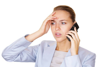 担心年轻的业务女人说话手机白色拉紧年轻的业务女人说话手机孤立的白色