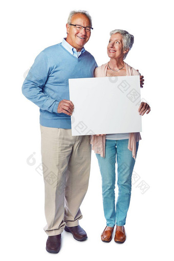 模拟海报肖像上了年纪的夫妇市场营销榜广告横幅产品放置工作室模型广告牌促销活动标志快乐销售人孤立的白色背景