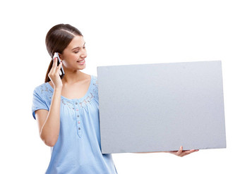 女人工作室纸董事会电话调用市场营销沟通网络白色背景孤立的模型电话持有品牌广告牌投票广告模型