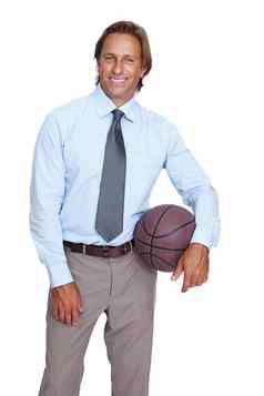 体育管理肖像商人篮球微笑孤立的白色背景领导策略游戏计划快乐男人。体育运动经理站工作室持有球