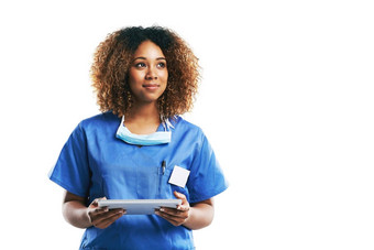护士医疗保健黑色的女人平板电脑工作室孤立的白色背景模拟技术健康思考女医疗医生触屏研究远程医疗